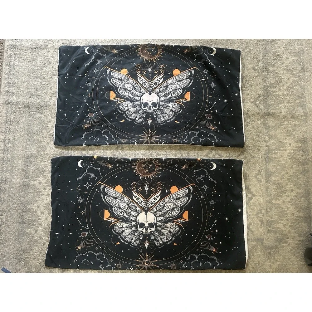 Celestial Black‎ Skull Butterfly Dark Whimsical Pillow Case Set Mystical Sleep